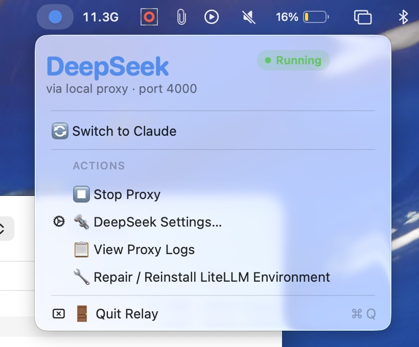 Relay menu-bar toggle switching Claude Code between providers