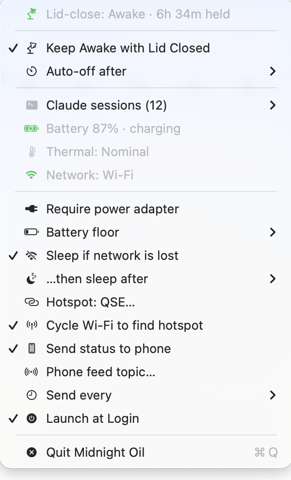 The Midnight Oil menu, showing the hold active, battery, thermal and network state, and each guard as a toggle.